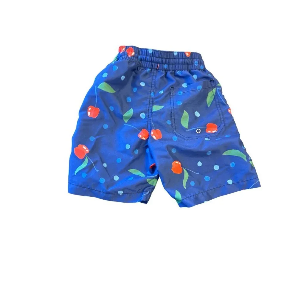 Leland Gal Kids Cherry Print Swim Shorts XS Blue & Red With‎ Pocket